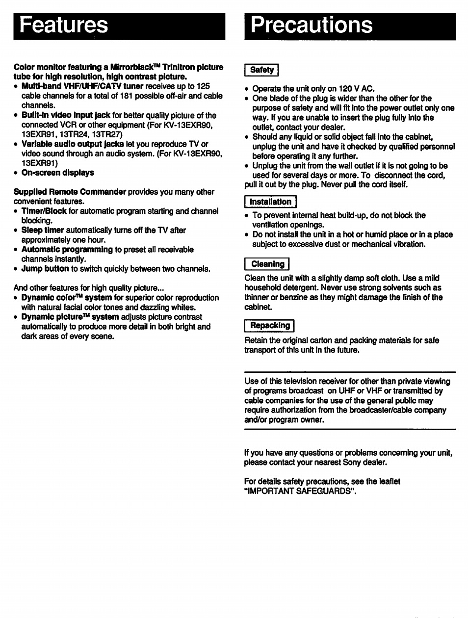 Precautions, Features precautions | Sony KV-13TR24 User Manual | Page 4 / 21