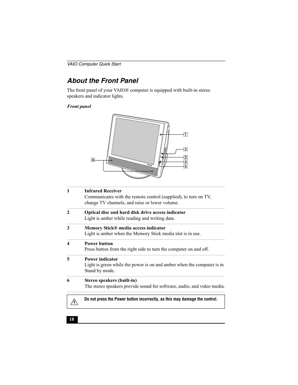 About the front panel | Sony PCV-V100G User Manual | Page 18 / 48