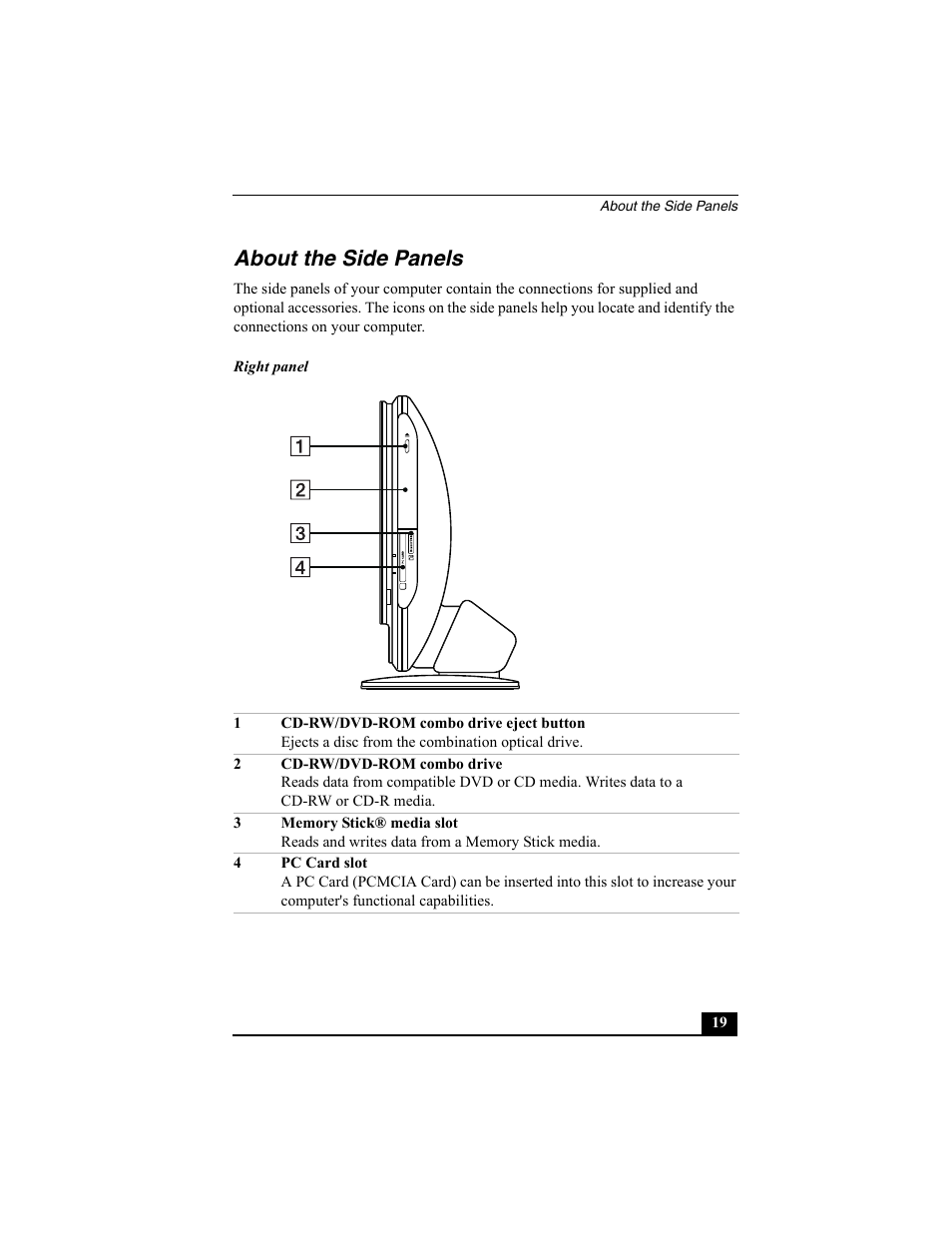 About the side panels | Sony PCV-V100G User Manual | Page 19 / 48