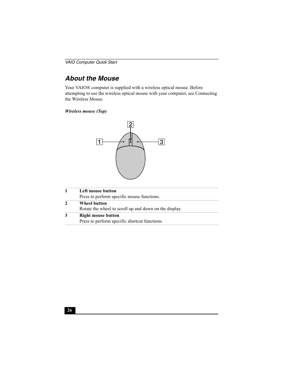 About the mouse | Sony PCV-V100G User Manual | Page 26 / 48