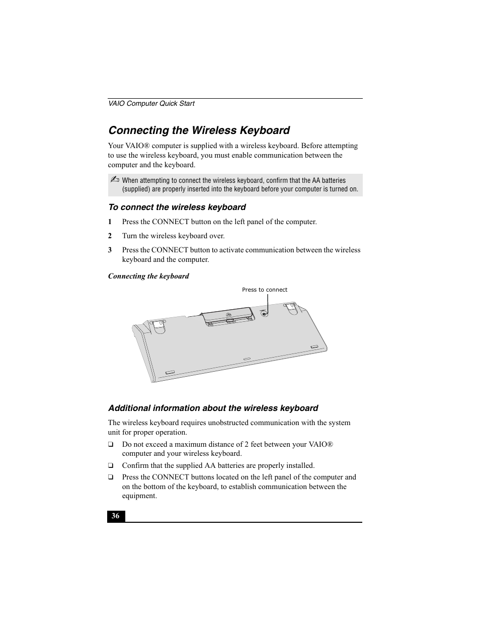 Connecting the wireless keyboard | Sony PCV-V100G User Manual | Page 36 / 48