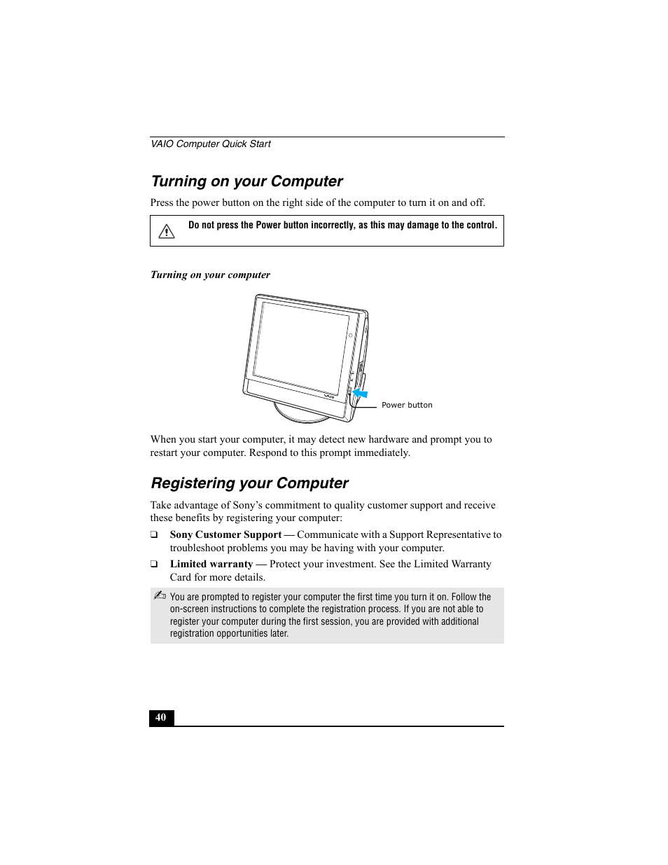 Turning on your computer, Registering your computer | Sony PCV-V100G User Manual | Page 40 / 48