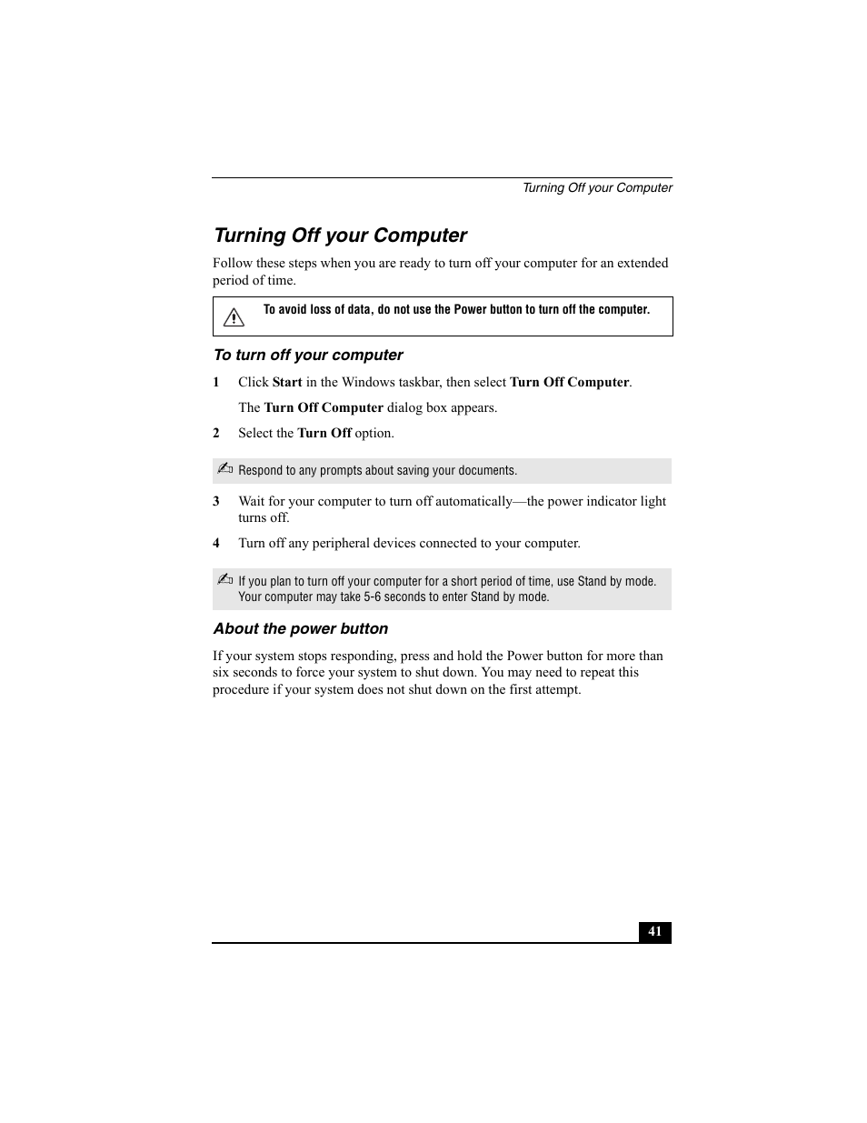 Turning off your computer | Sony PCV-V100G User Manual | Page 41 / 48