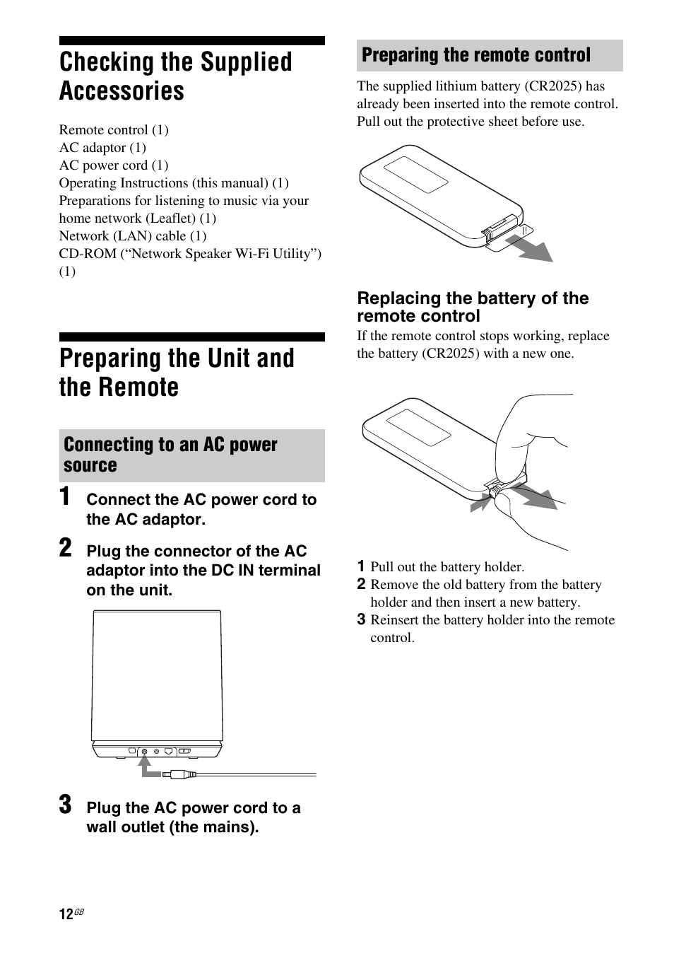 Checking the supplied accessories, Preparing the unit and the remote, Connecting to an ac power source | Preparing the remote control, Preparing the unit and the remote 1 | Sony SA-NS400 User Manual | Page 12 / 40