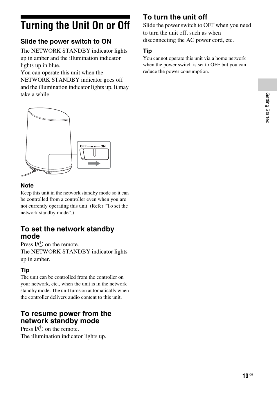 Turning the unit on or off | Sony SA-NS400 User Manual | Page 13 / 40