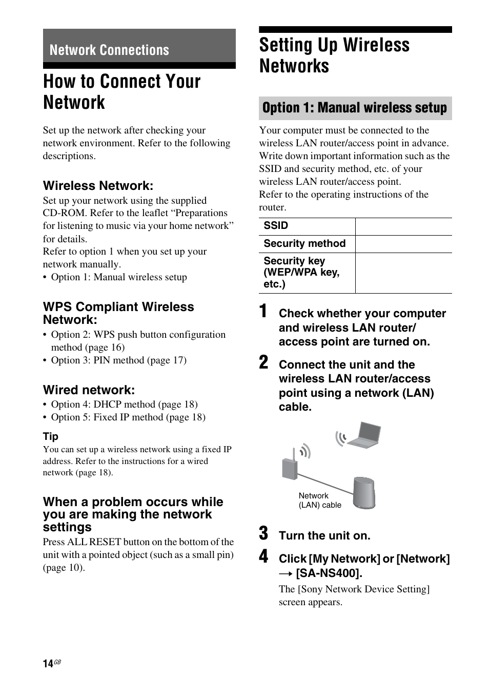 Network connections, How to connect your network, Setting up wireless networks | Option 1: manual wireless setup | Sony SA-NS400 User Manual | Page 14 / 40