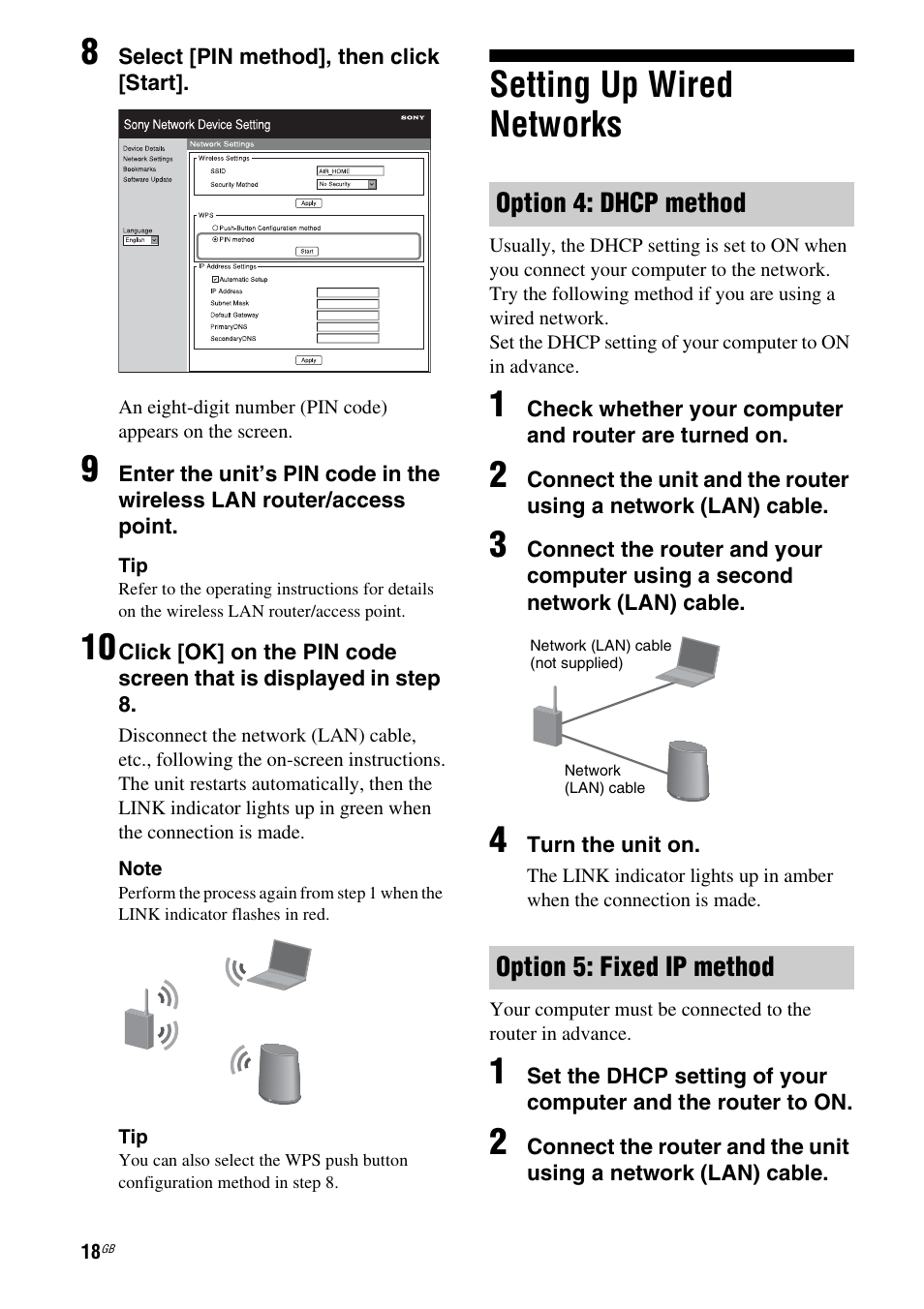 Setting up wired networks, Option 4: dhcp method, Option 5: fixed ip method | Option 4: dhcp method option 5: fixed ip method | Sony SA-NS400 User Manual | Page 18 / 40