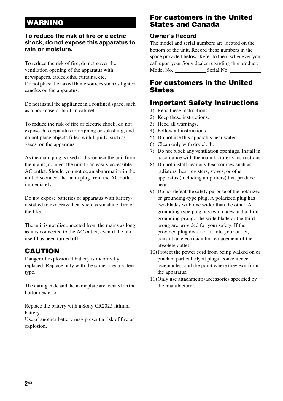 Caution, For customers in the united states and canada, Warning | Sony SA-NS400 User Manual | Page 2 / 40