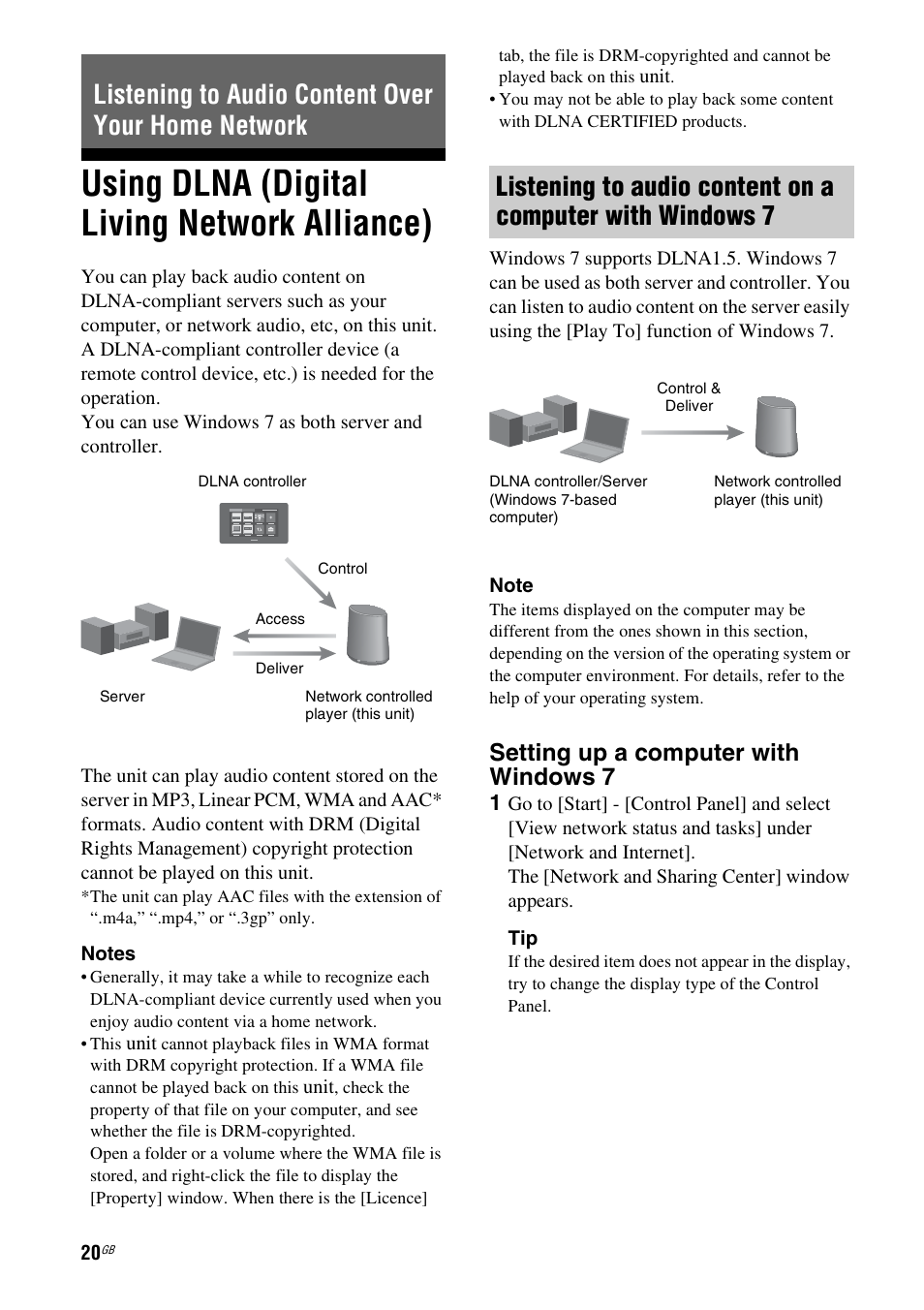 Listening to audio content over your home network, Using dlna (digital living network alliance), Using dlna (digital living network | Setting up a computer with windows 7 | Sony SA-NS400 User Manual | Page 20 / 40