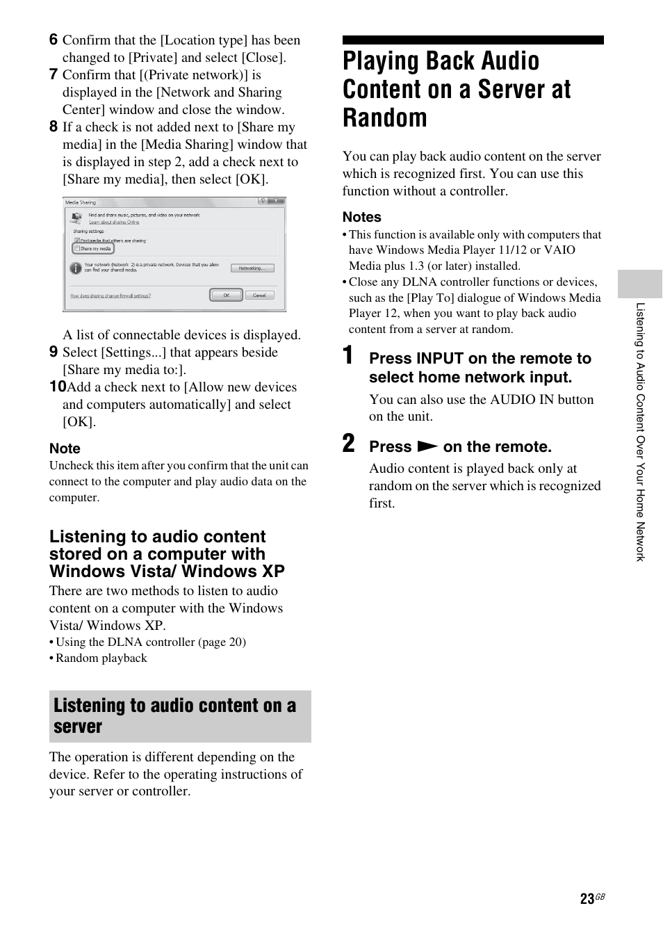 Listening to audio content on a server, Playing back audio content on a server at random, Playing back audio content on a server | At random | Sony SA-NS400 User Manual | Page 23 / 40