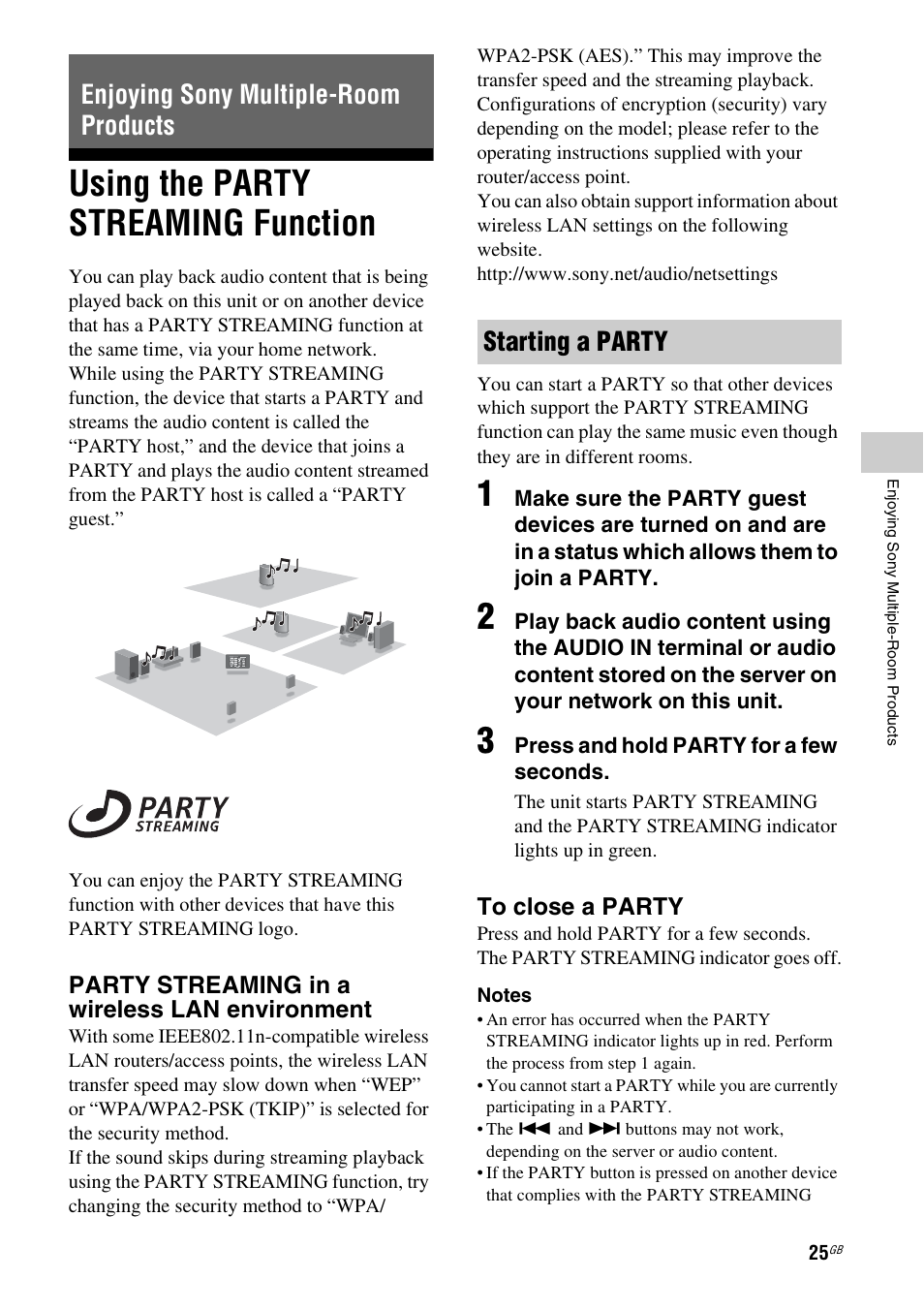 Enjoying sony multiple-room products, Using the party streaming function, Starting a party | Using the party streaming, Function starting a party, Party streaming in a wireless lan environment | Sony SA-NS400 User Manual | Page 25 / 40