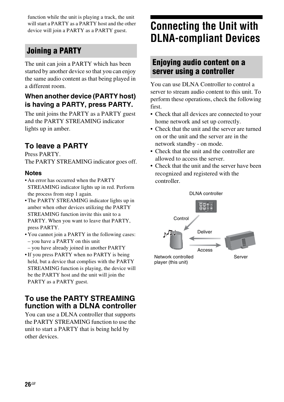 Joining a party, Connecting the unit with dlna-compliant devices, Connecting the unit with | Sony SA-NS400 User Manual | Page 26 / 40