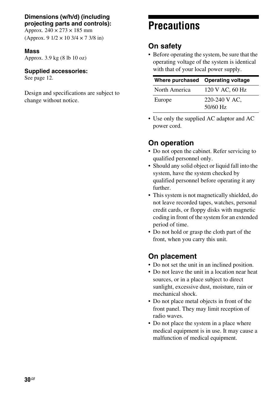 Precautions, On safety, On operation | On placement | Sony SA-NS400 User Manual | Page 30 / 40