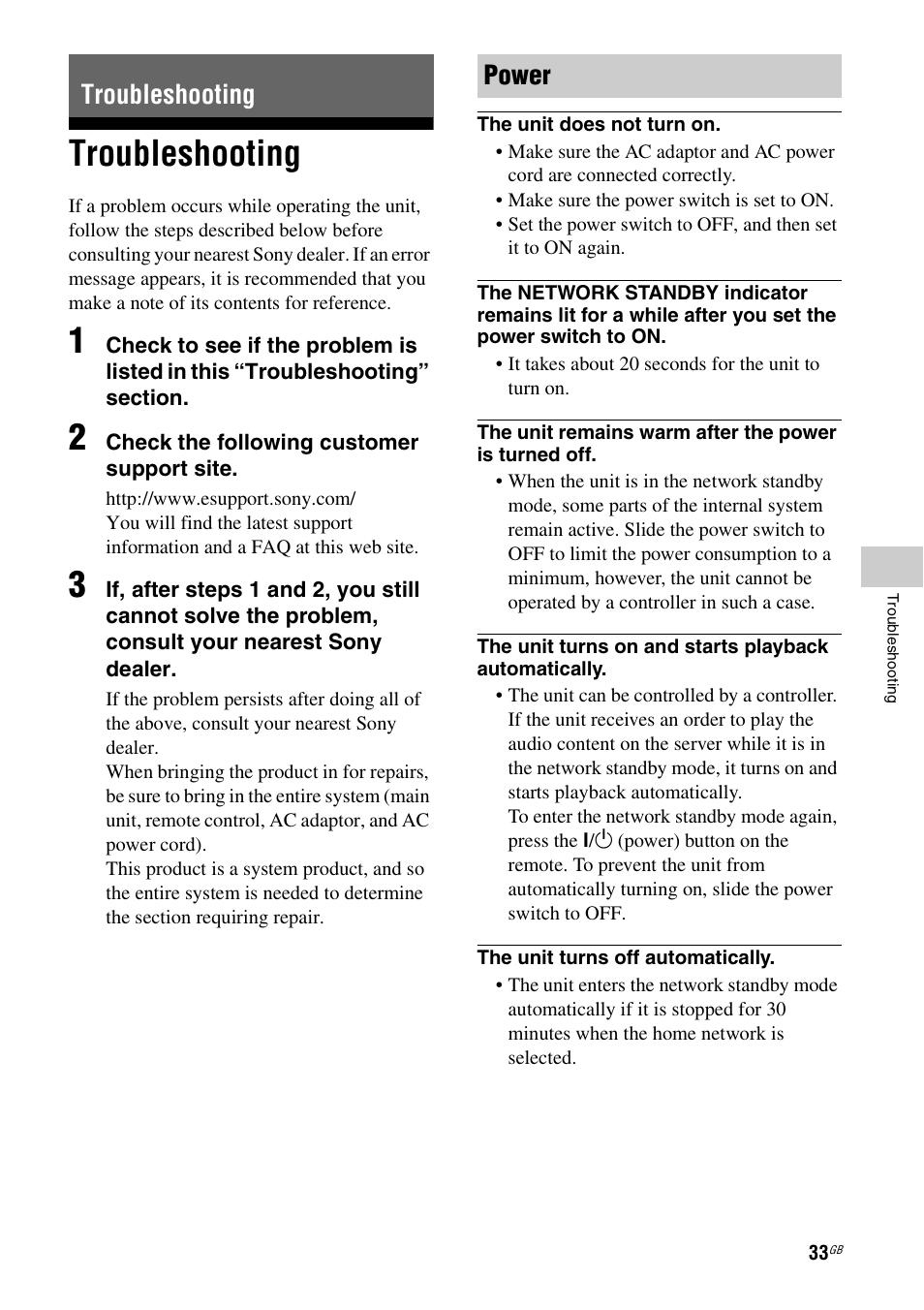 Troubleshooting, Troubleshooting power | Sony SA-NS400 User Manual | Page 33 / 40