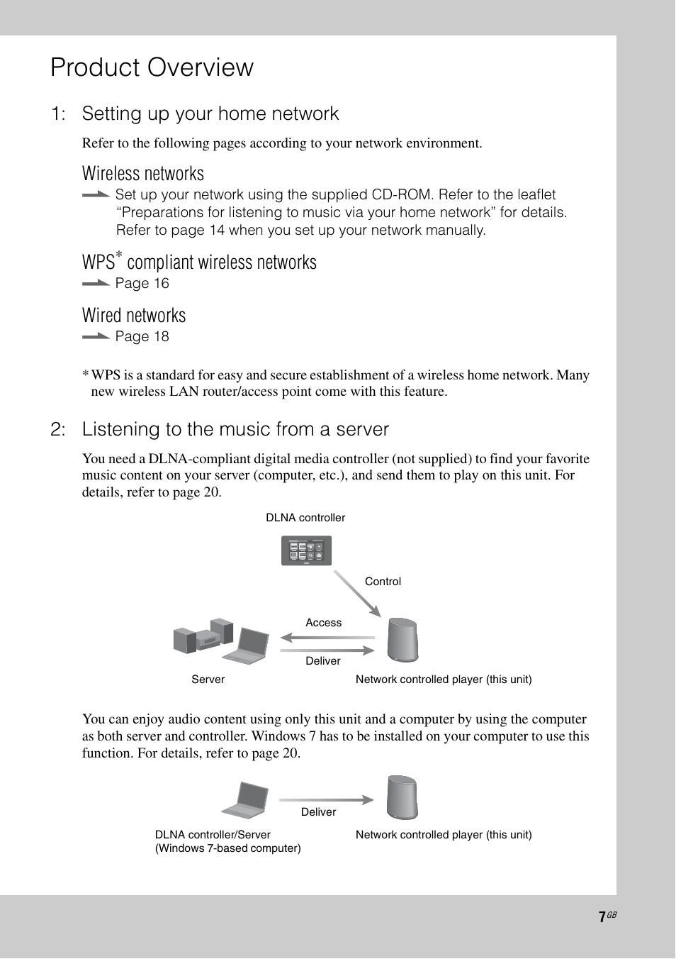 Product overview, Setting up your home network, Wireless networks | Compliant wireless networks, Wired networks, Listening to the music from a server | Sony SA-NS400 User Manual | Page 7 / 40