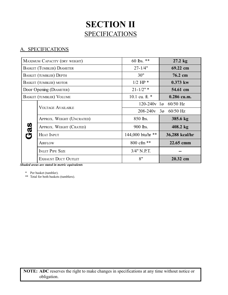 Specifications, A. specifications | American Dryer Corp. AD-235ED User Manual | Page 10 / 52