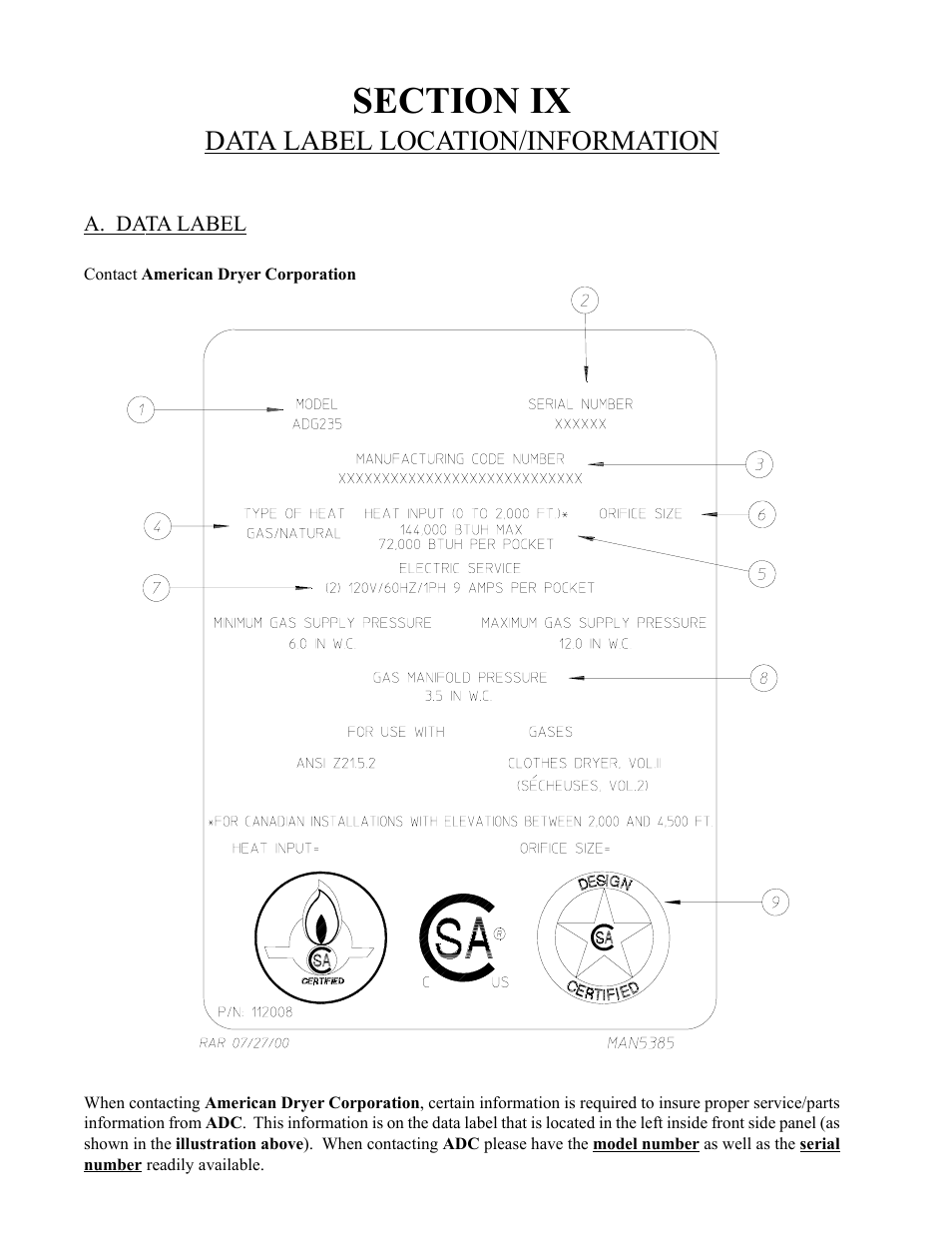 Data label location/information | American Dryer Corp. AD-235ED User Manual | Page 46 / 52