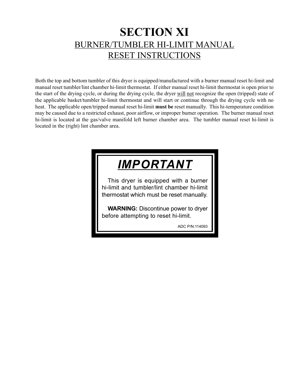 Important, Burner/tumbler hi-limit manual reset instructions | American Dryer Corp. AD-235ED User Manual | Page 51 / 52