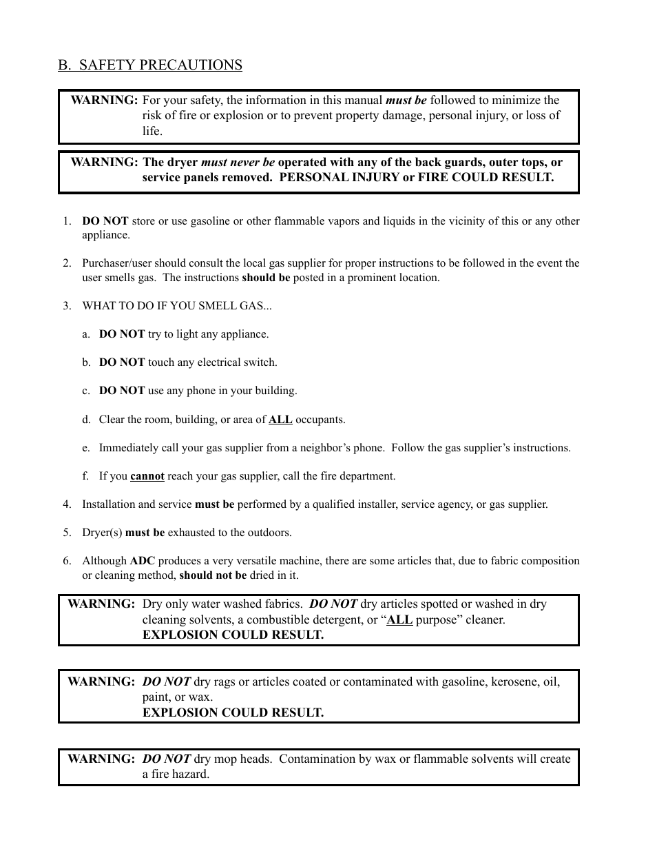B. safety precautions | American Dryer Corp. AD-235ED User Manual | Page 8 / 52