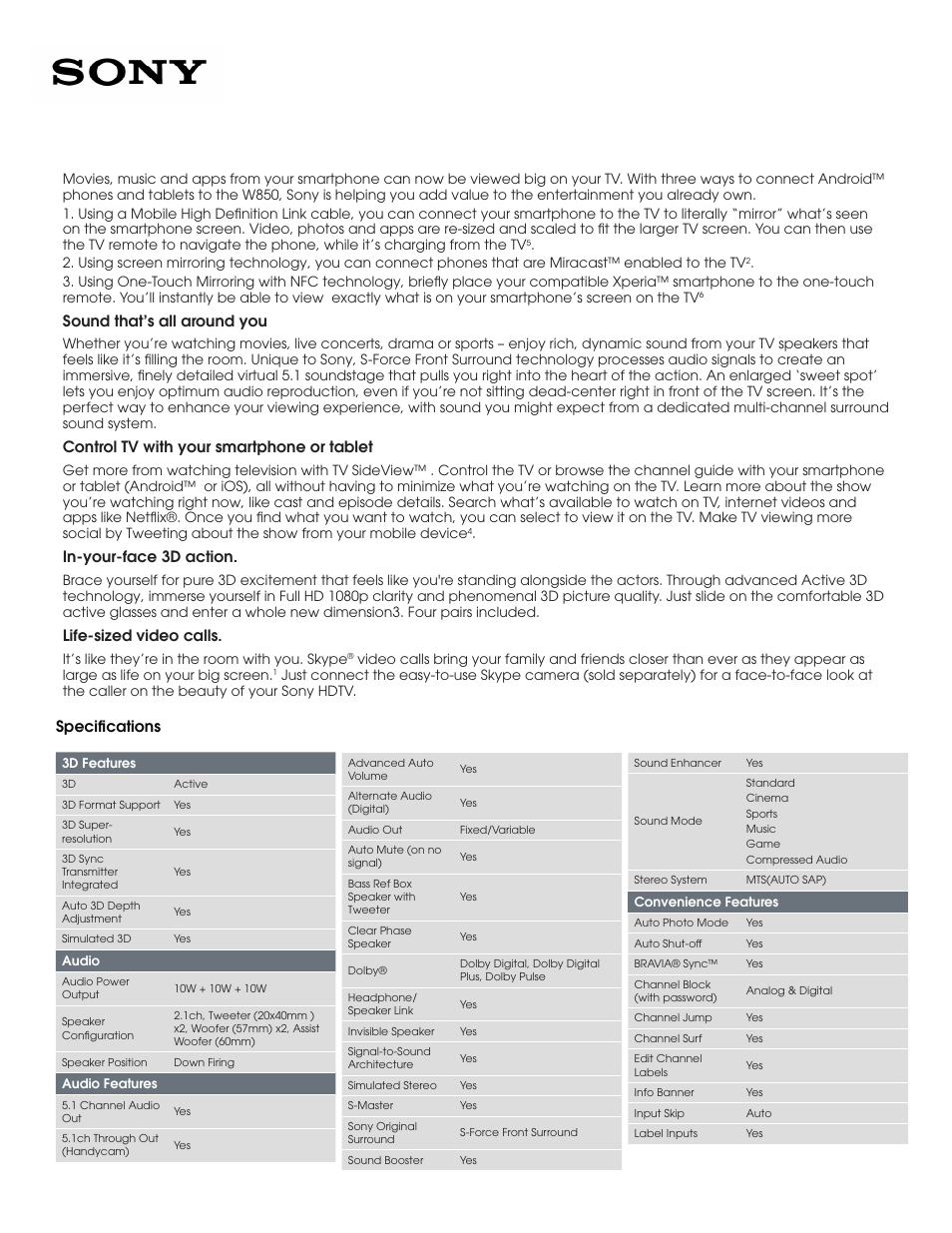 Sound that’s all around you, Control tv with your smartphone or tablet, In-your-face 3d action | Life-sized video calls, Specifications | Sony KDL-65W850A User Manual | Page 2 / 4