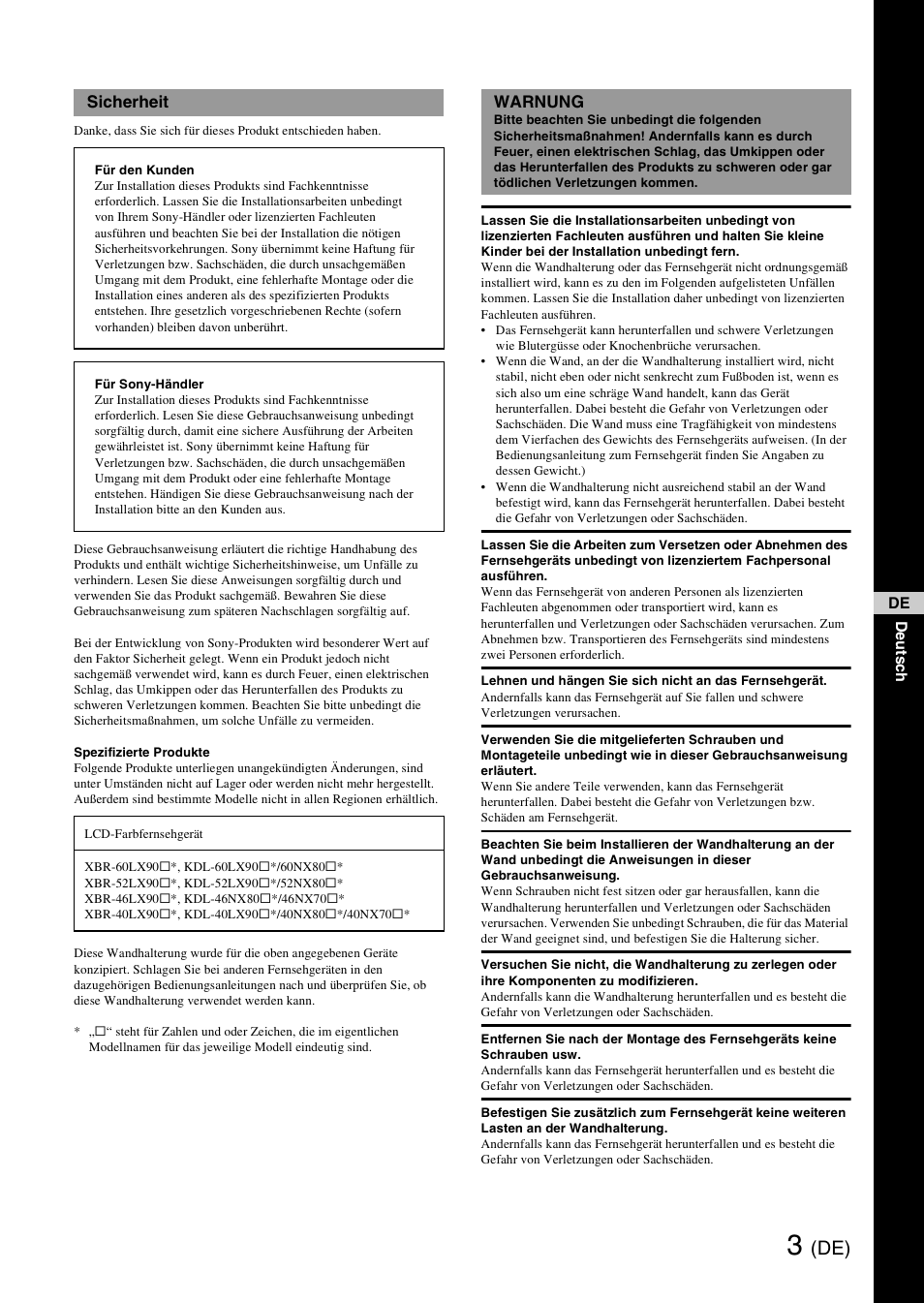 Sicherheit, Warnung | Sony SU-WH500 User Manual | Page 13 / 92