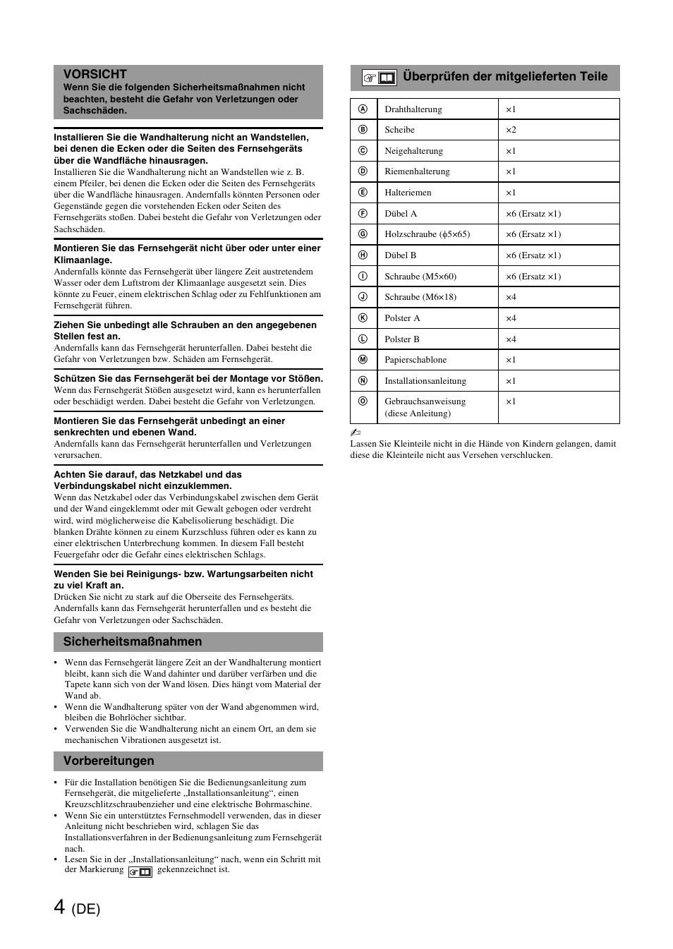 Vorsicht, Sicherheitsmaßnahmen, Vorbereitungen | Überprüfen der mitgelieferten teile | Sony SU-WH500 User Manual | Page 14 / 92