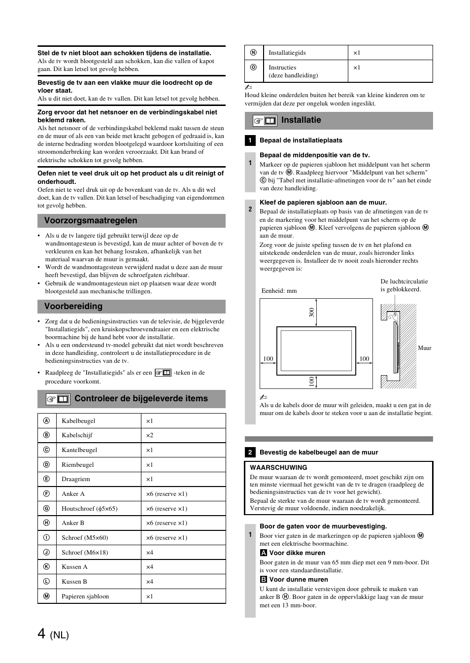 Voorzorgsmaatregelen, Voorbereiding, Controleer de bijgeleverde items | Installatie | Sony SU-WH500 User Manual | Page 18 / 92