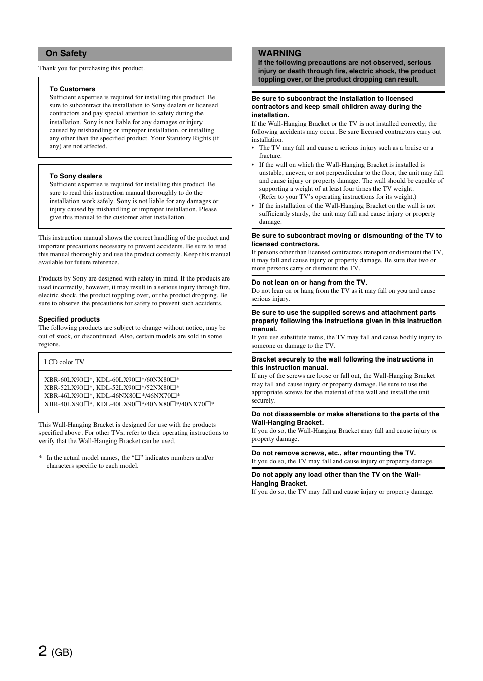 On safety, Warning | Sony SU-WH500 User Manual | Page 2 / 92