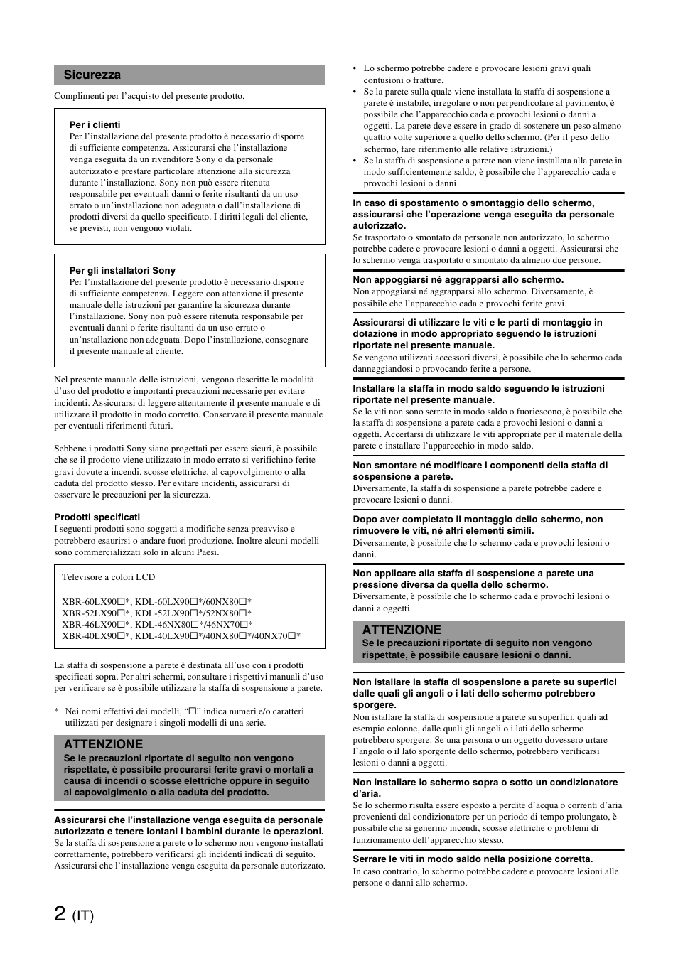 Sicurezza, Attenzione | Sony SU-WH500 User Manual | Page 20 / 92