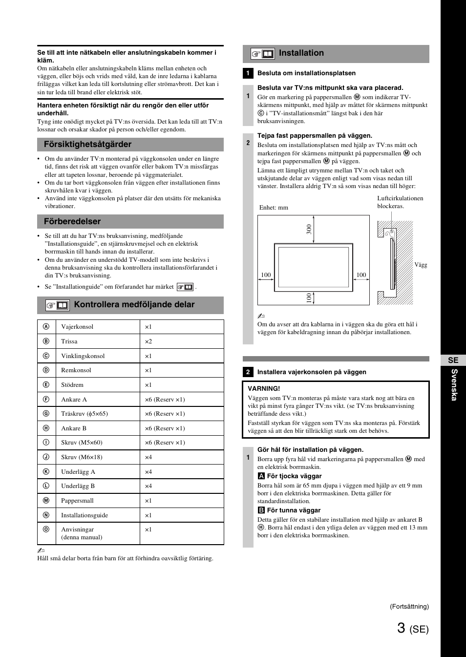 Försiktighetsåtgärder, Förberedelser, Kontrollera medföljande delar | Installation | Sony SU-WH500 User Manual | Page 25 / 92