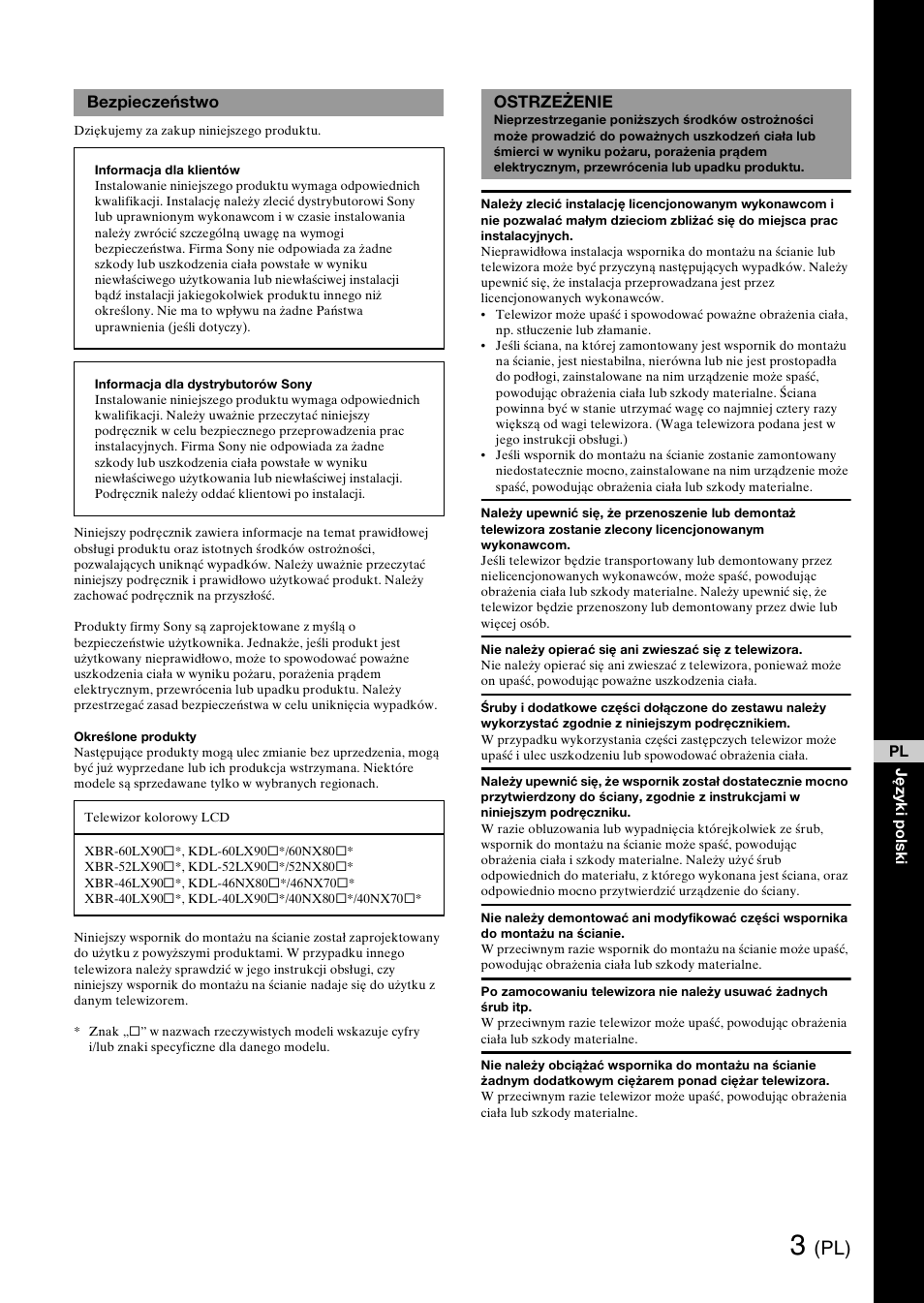 Bezpieczeństwo, Ostrzeżenie | Sony SU-WH500 User Manual | Page 27 / 92