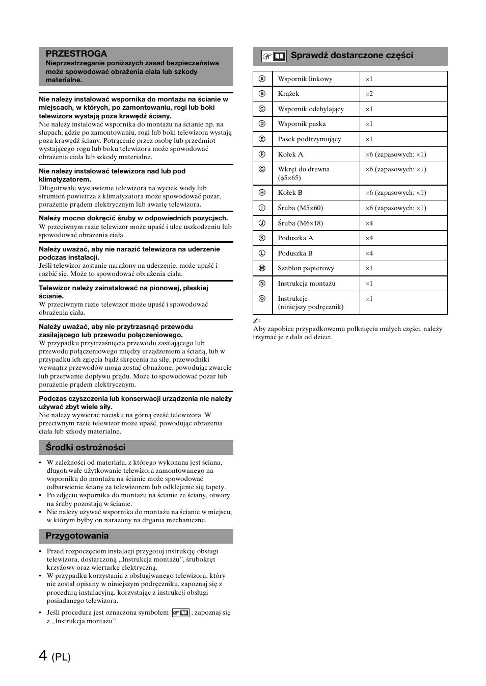 Przestroga, Środki ostrożności, Przygotowania | Sprawdź dostarczone części | Sony SU-WH500 User Manual | Page 28 / 92