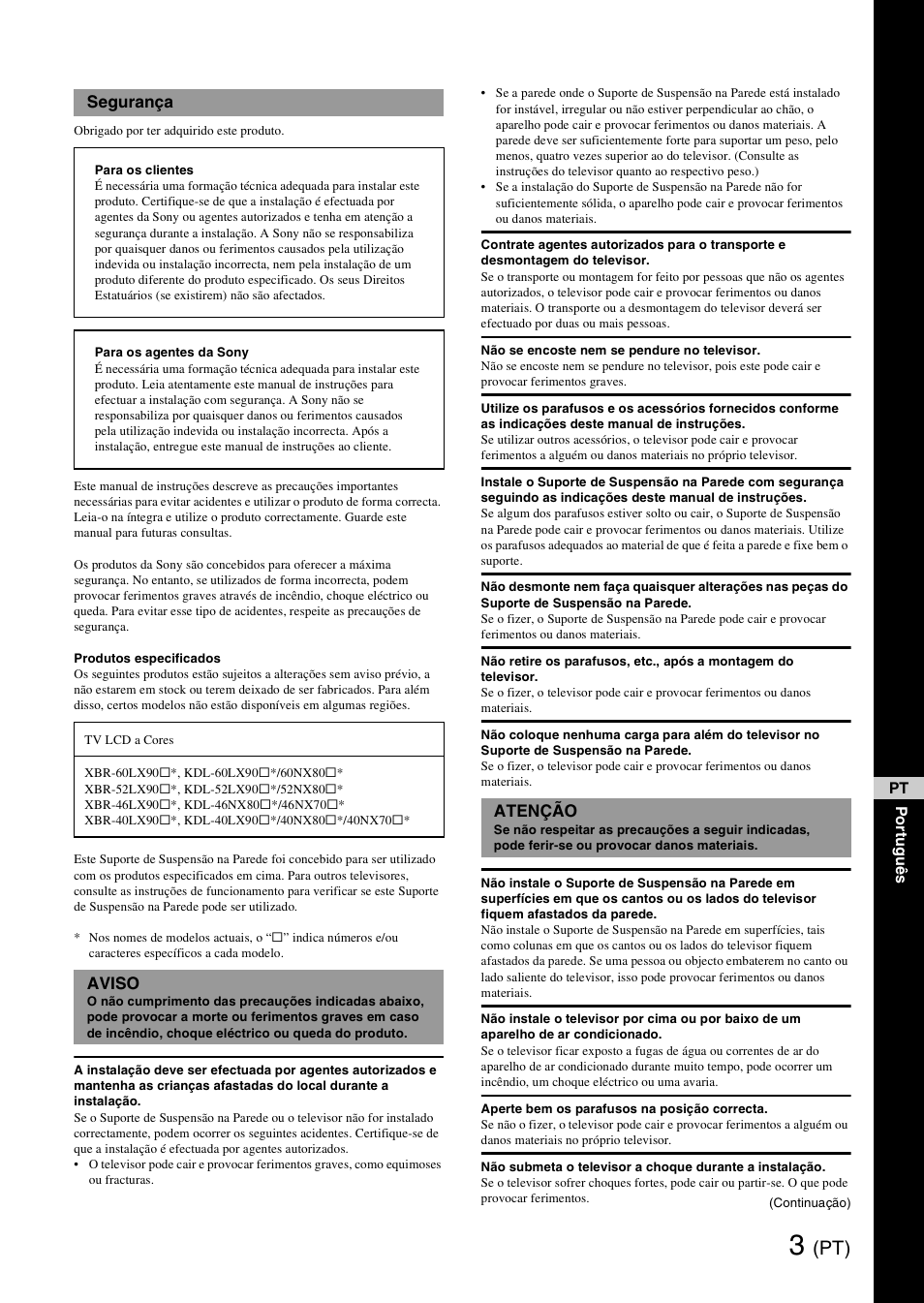 Segurança, Aviso, Atenção | Sony SU-WH500 User Manual | Page 31 / 92