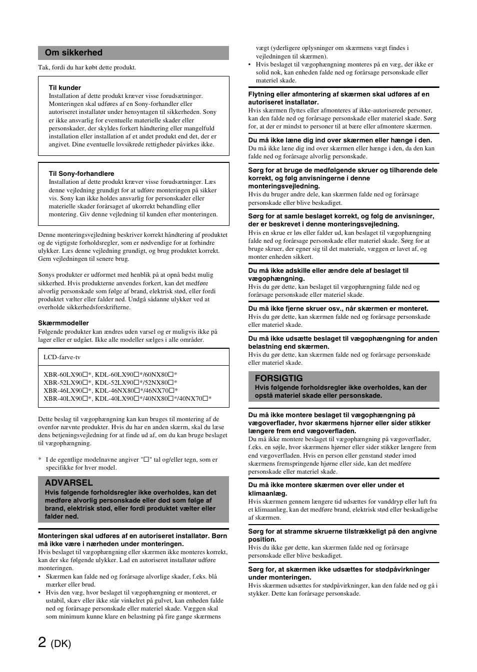 Om sikkerhed, Advarsel, Forsigtig | Sony SU-WH500 User Manual | Page 34 / 92