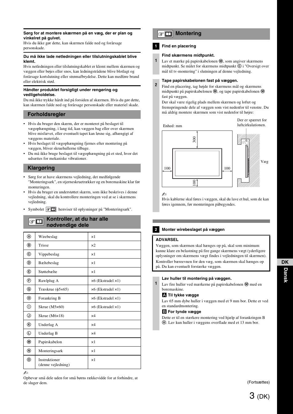 Forholdsregler, Klargøring, Kontroller, at du har alle nødvendige dele | Montering | Sony SU-WH500 User Manual | Page 35 / 92