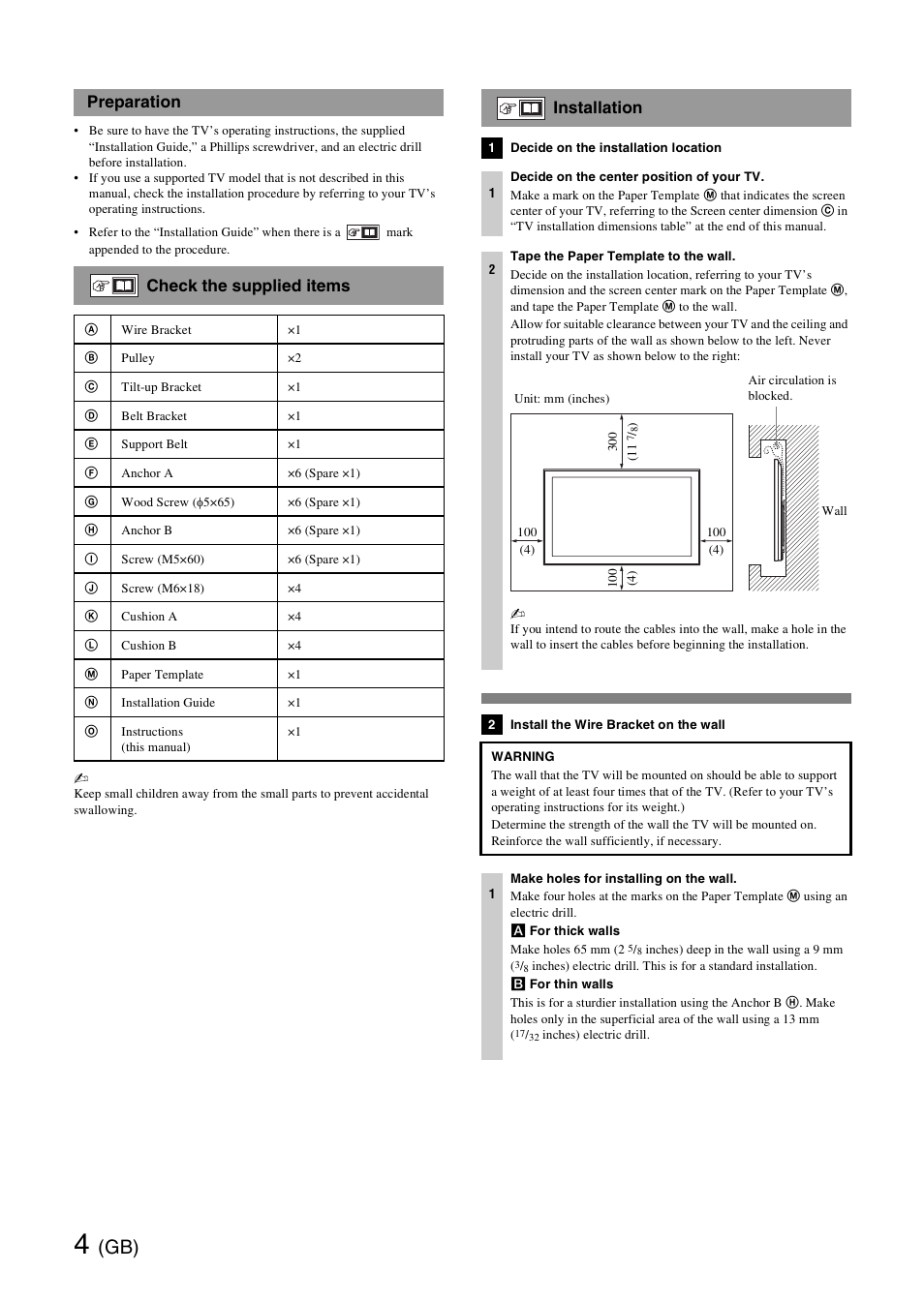 Preparation, Check the supplied items, Installation | Preparation check the supplied items | Sony SU-WH500 User Manual | Page 4 / 92