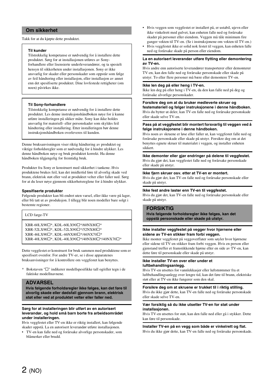 Om sikkerhet, Advarsel, Forsiktig | Sony SU-WH500 User Manual | Page 40 / 92