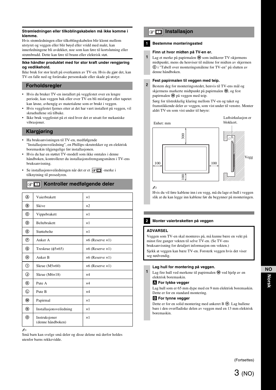 Forholdsregler, Klargjøring, Kontroller medfølgende deler | Installasjon | Sony SU-WH500 User Manual | Page 41 / 92