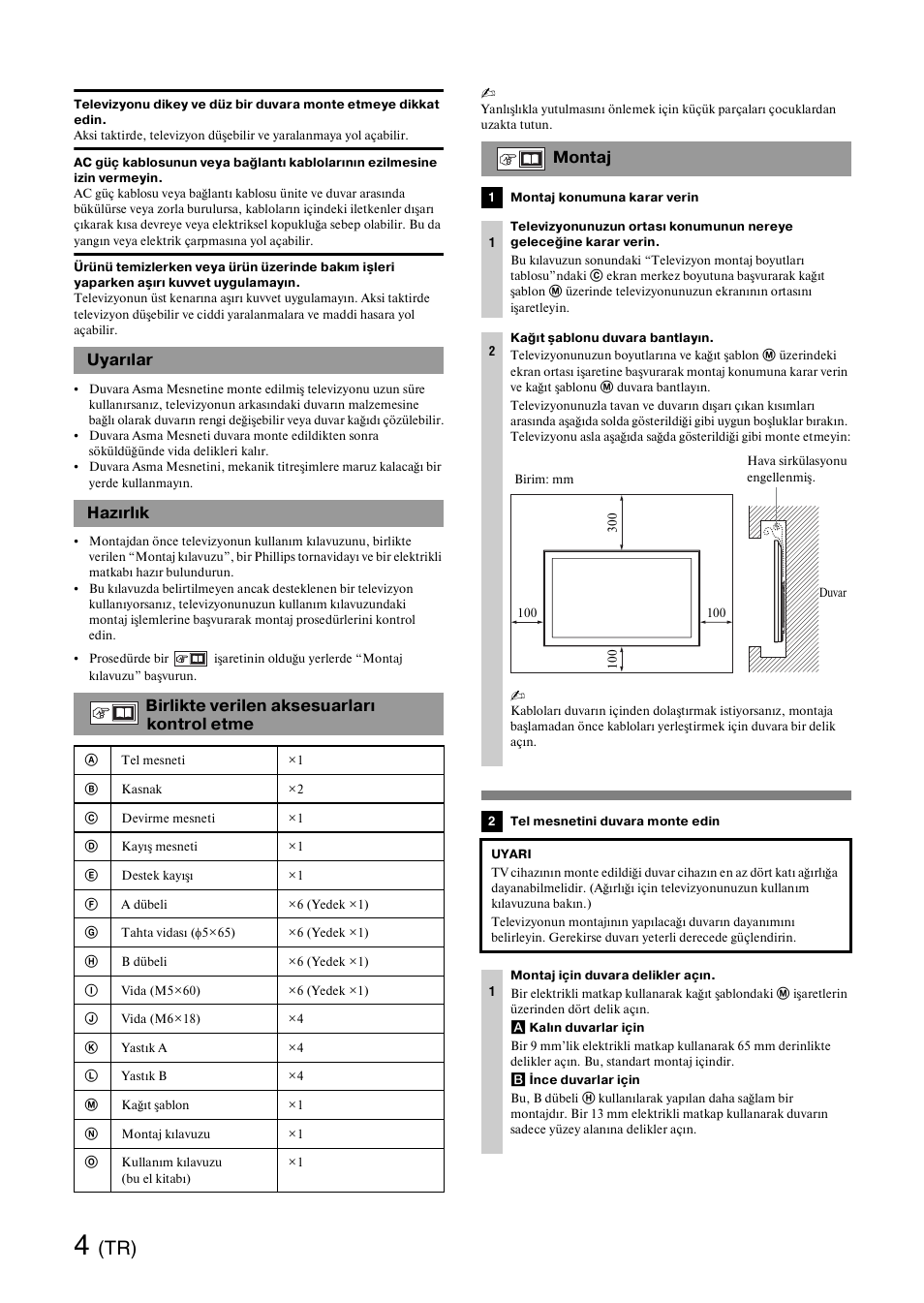 Uyarılar, Hazırlık, Birlikte verilen aksesuarları kontrol etme | Montaj | Sony SU-WH500 User Manual | Page 48 / 92