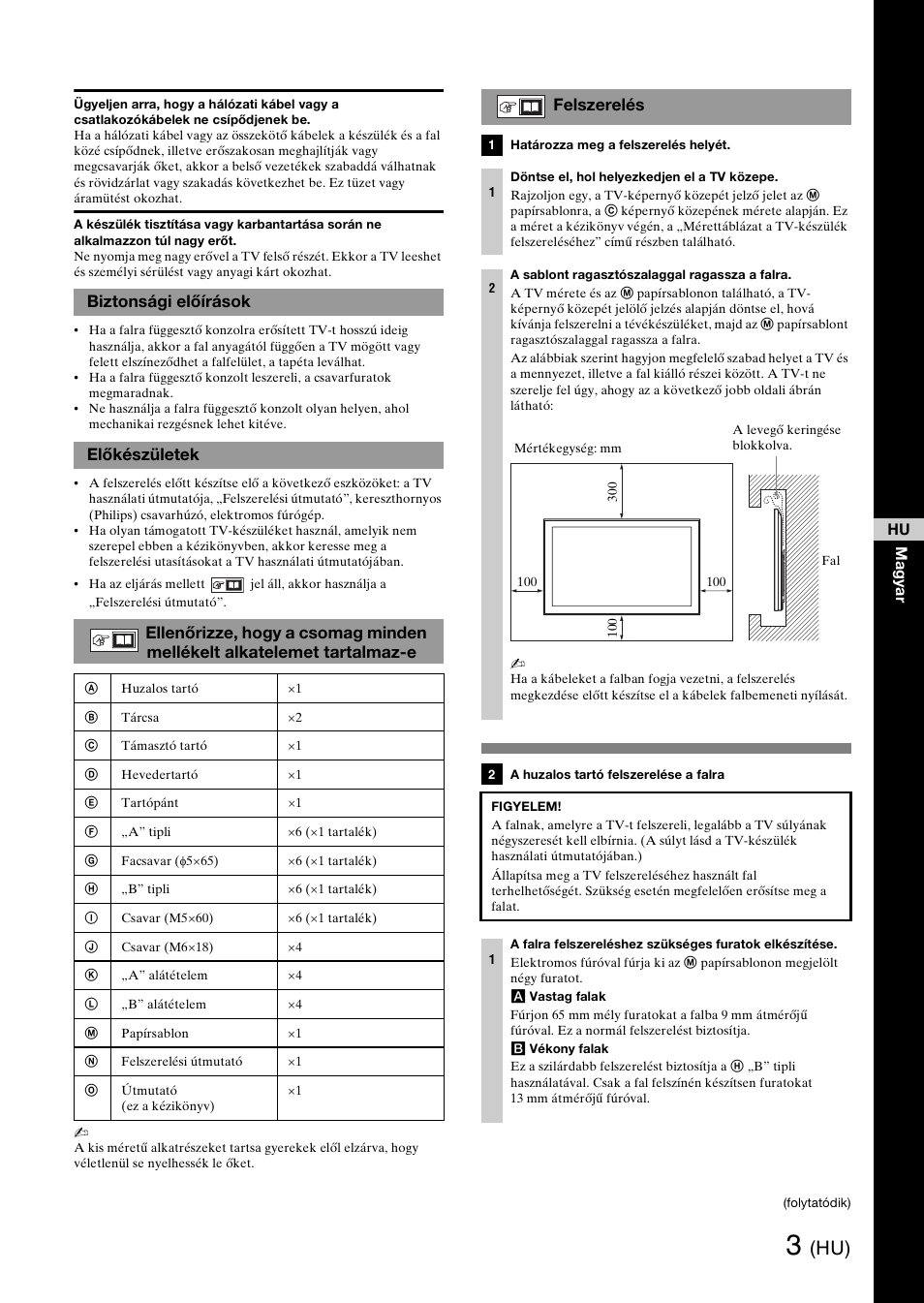 Biztonsági előírások, Előkészületek, Felszerelés | Sony SU-WH500 User Manual | Page 51 / 92