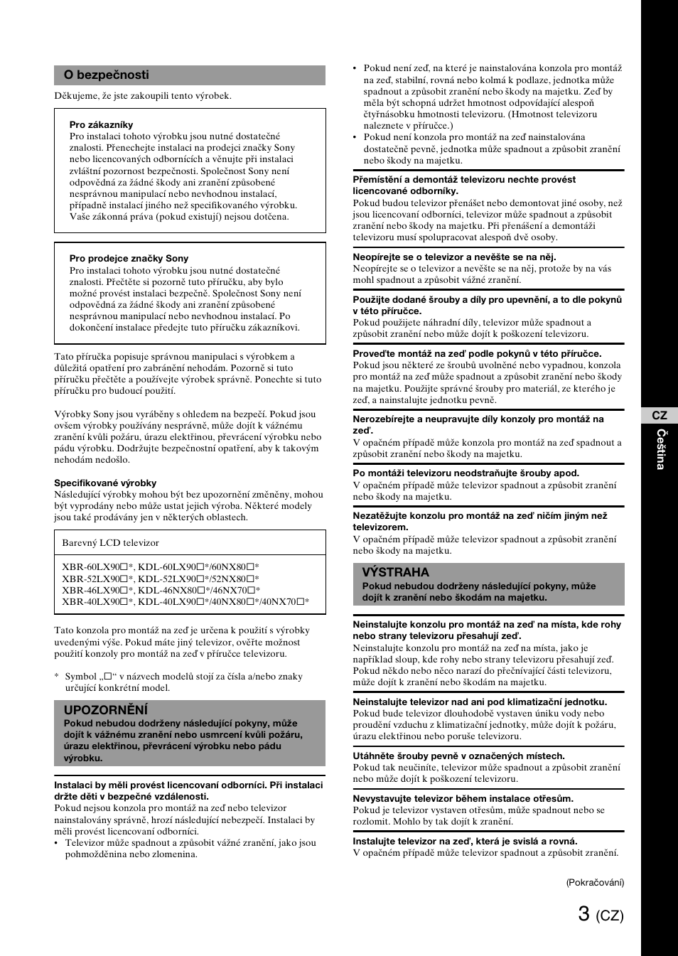 O bezpečnosti, Upozornění, Výstraha | Sony SU-WH500 User Manual | Page 53 / 92
