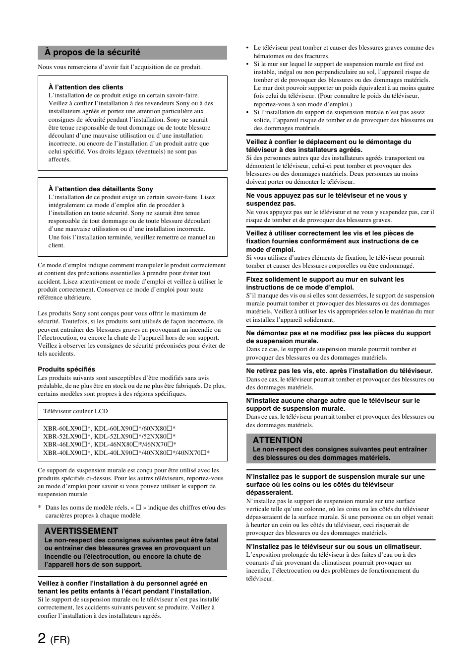 À propos de la sécurité, Avertissement, Attention | Sony SU-WH500 User Manual | Page 6 / 92