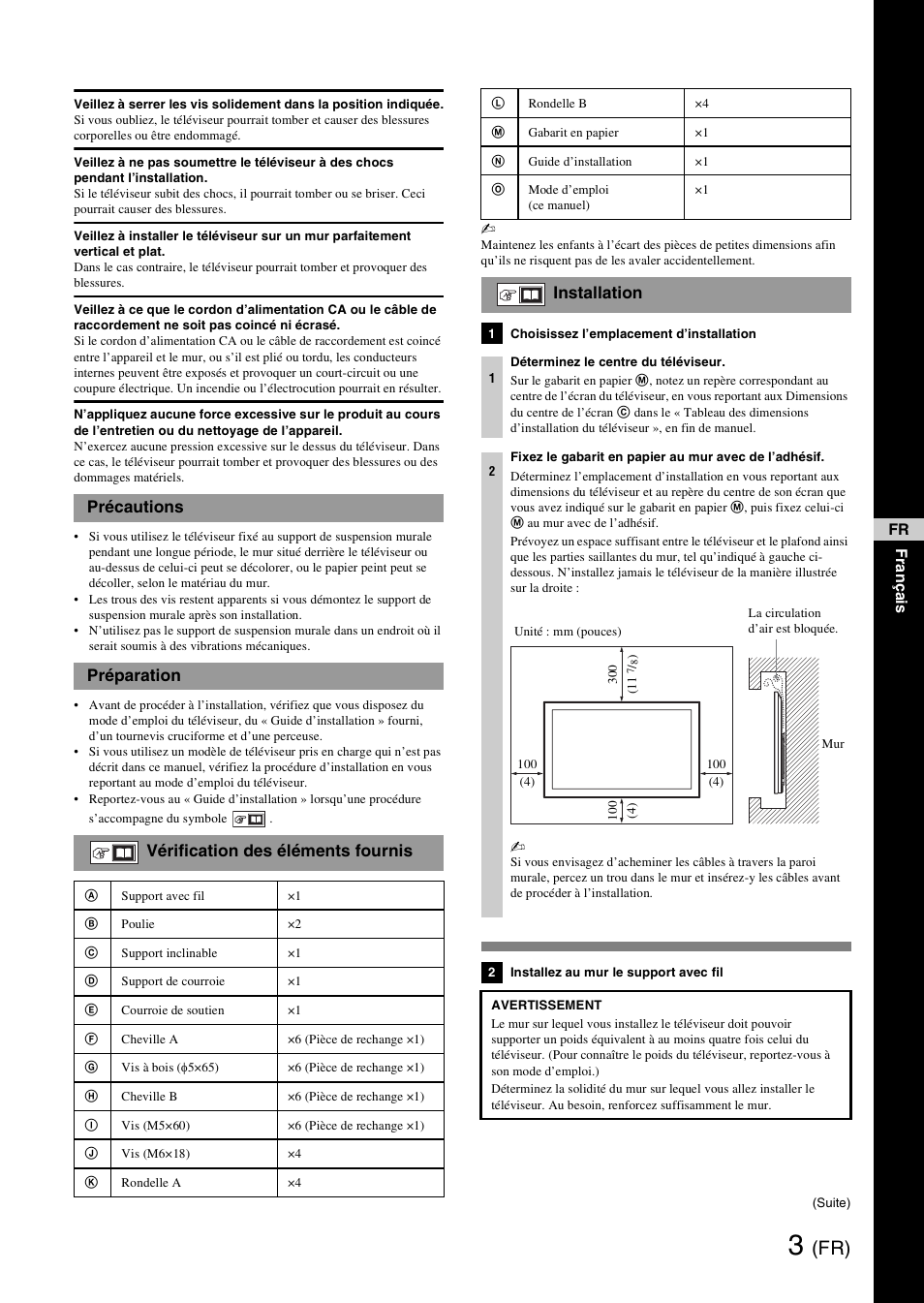 Précautions, Préparation, Vérification des éléments fournis | Installation | Sony SU-WH500 User Manual | Page 7 / 92