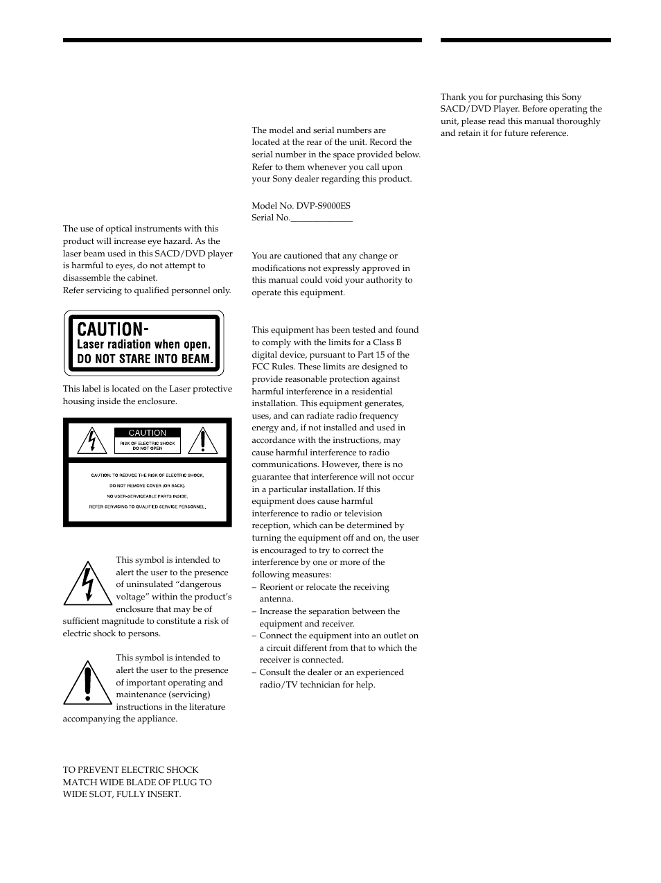 Welcome, Warning | Sony DVP S9000ES User Manual | Page 2 / 80