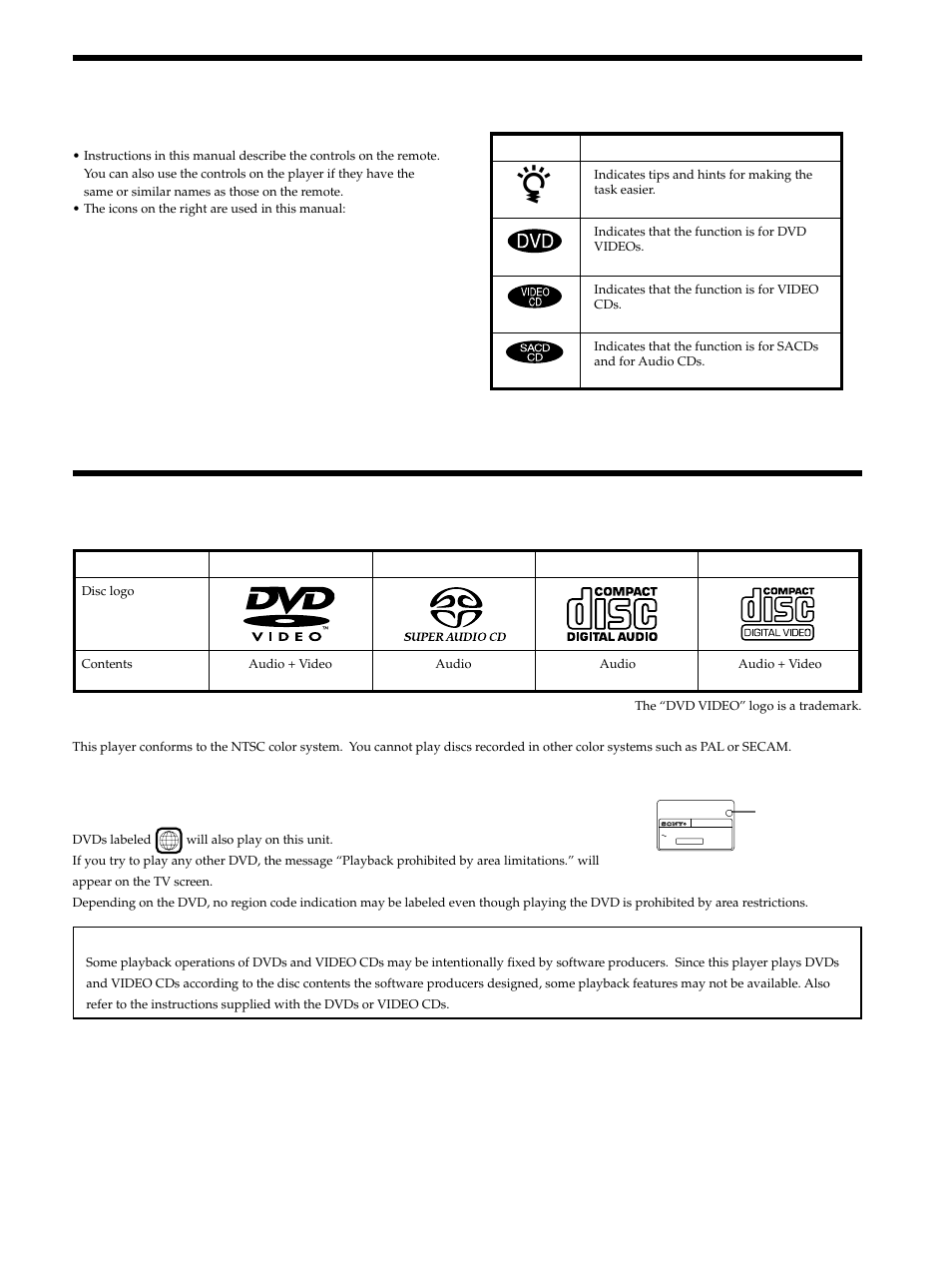 About this manual, This player can play the following discs | Sony DVP S9000ES User Manual | Page 5 / 80