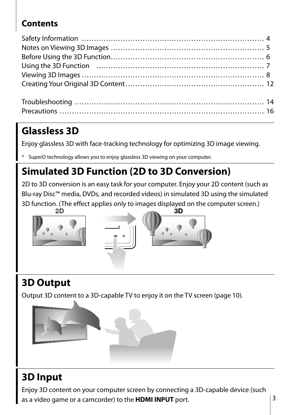 Glassless 3d, Simulated 3d function (2d to 3d conversion), 3d output | 3d input | Sony SVL24118FXB User Manual | Page 3 / 20