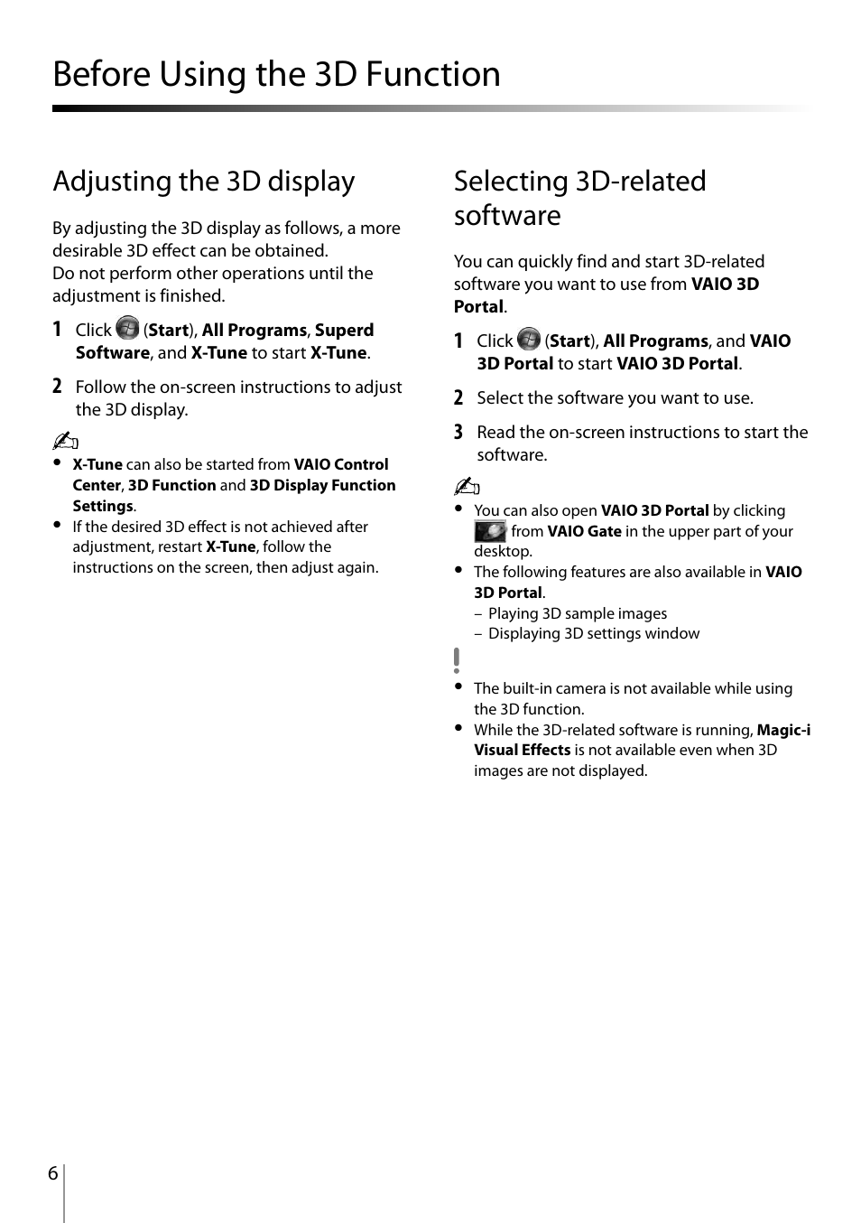 Before using the 3d function, Adjusting the 3d display, Selecting 3d-related software | Sony SVL24118FXB User Manual | Page 6 / 20