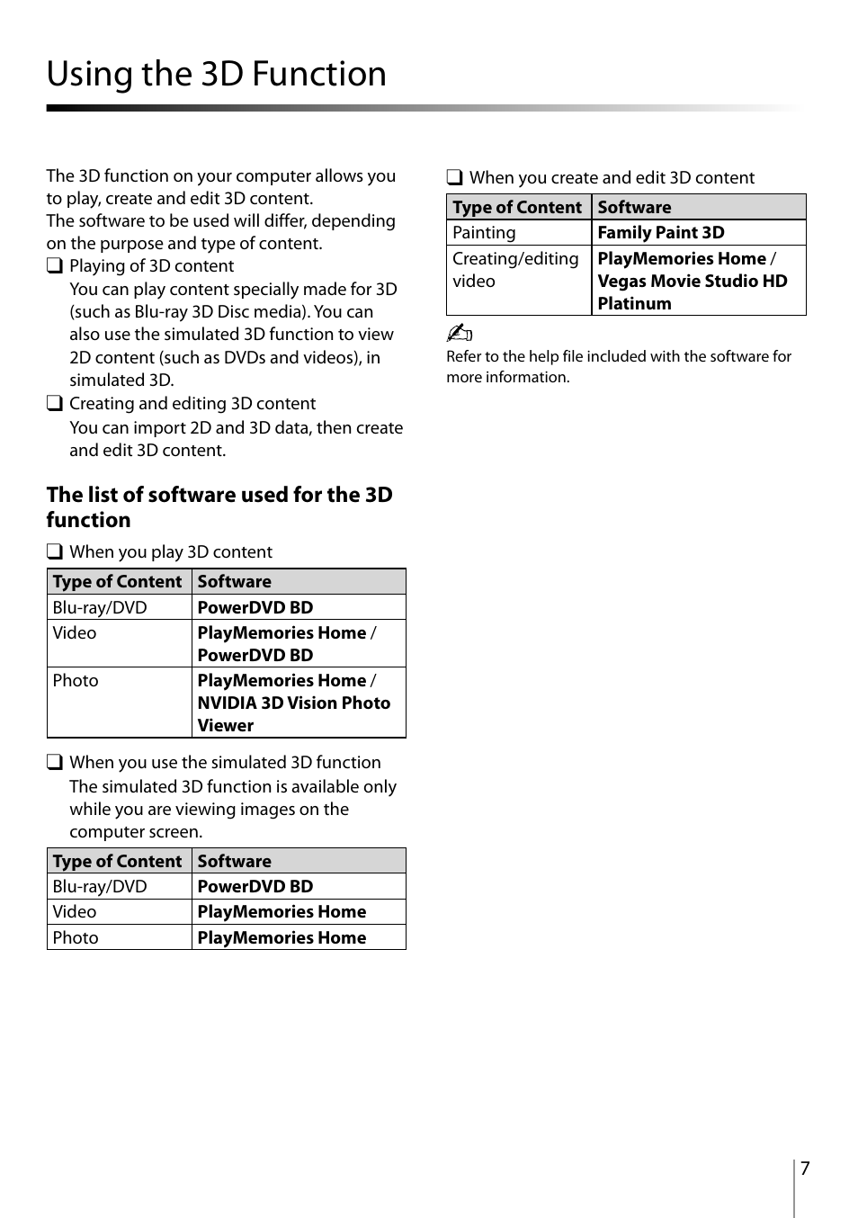 Using the 3d function, Using the 3d function …………………………………………………………… 7, The list of software used for the 3d function | Sony SVL24118FXB User Manual | Page 7 / 20