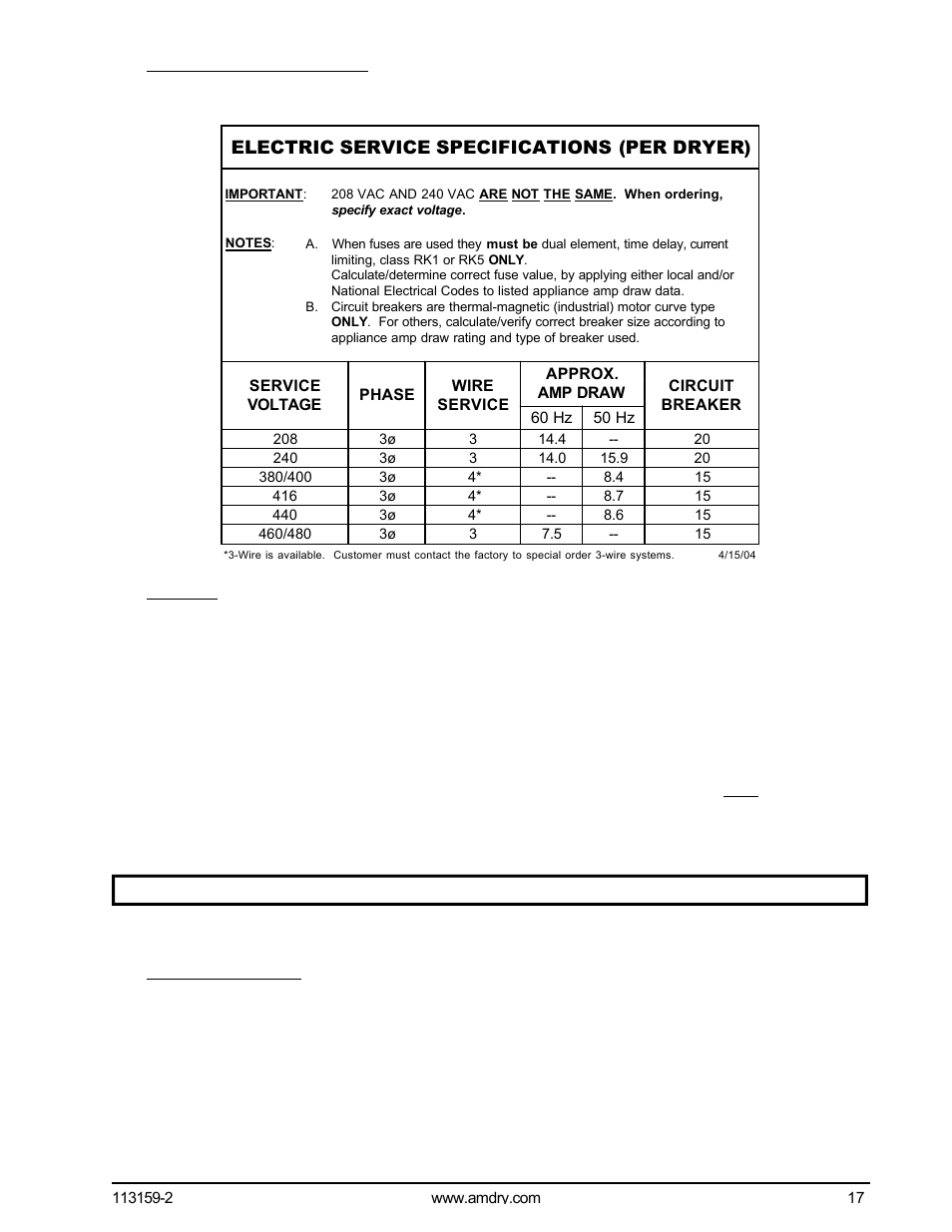 Electric service specifications (per dryer) | American Dryer Corp. AD-81 III User Manual | Page 21 / 46