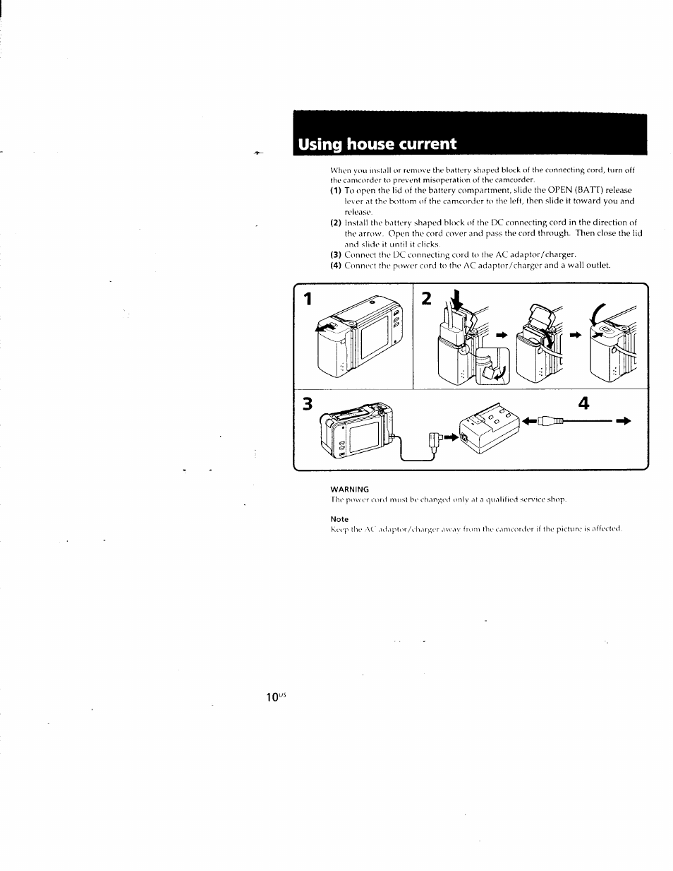 Using house current, Warning, Note | Sony CCD-CR1 User Manual | Page 10 / 29